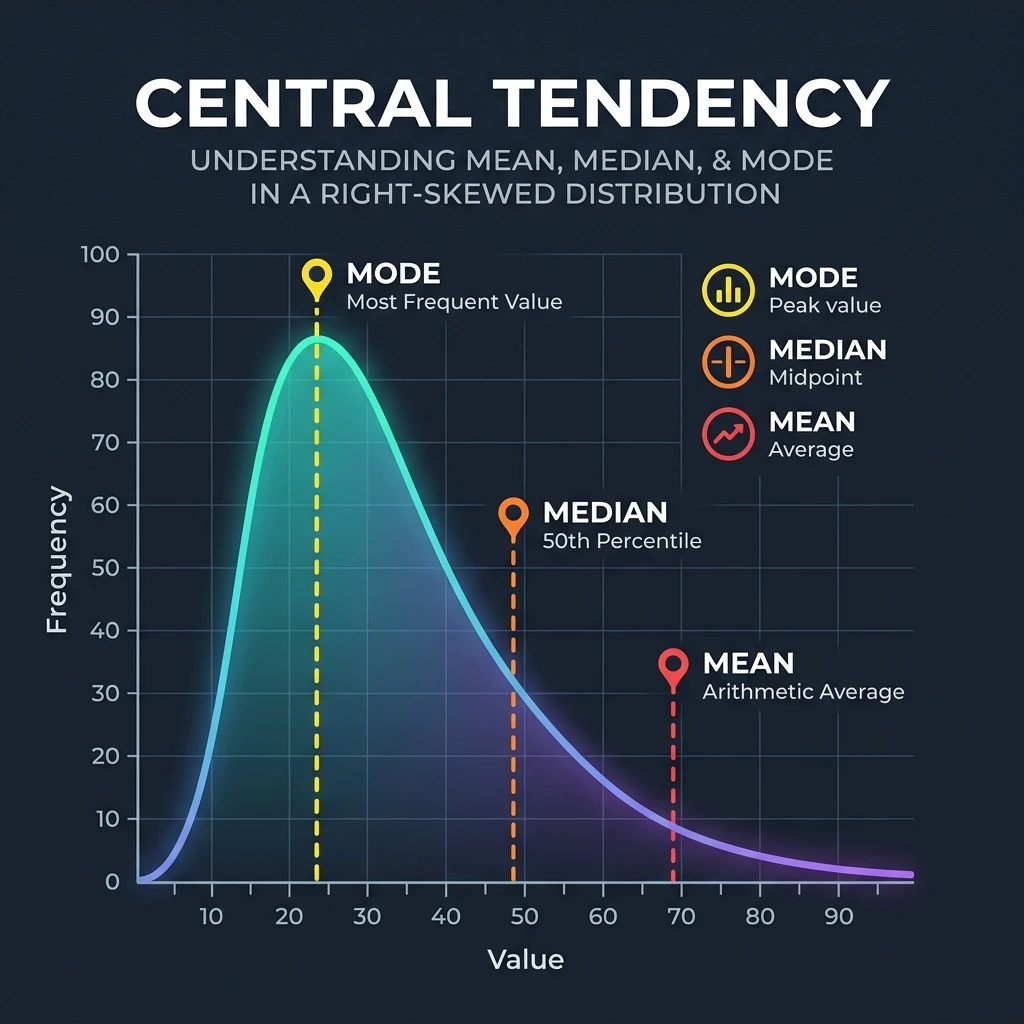 A diagram showcasing data visualization curves and bar charts showing the mean, median, and mode alignment in normal and skewed distributions